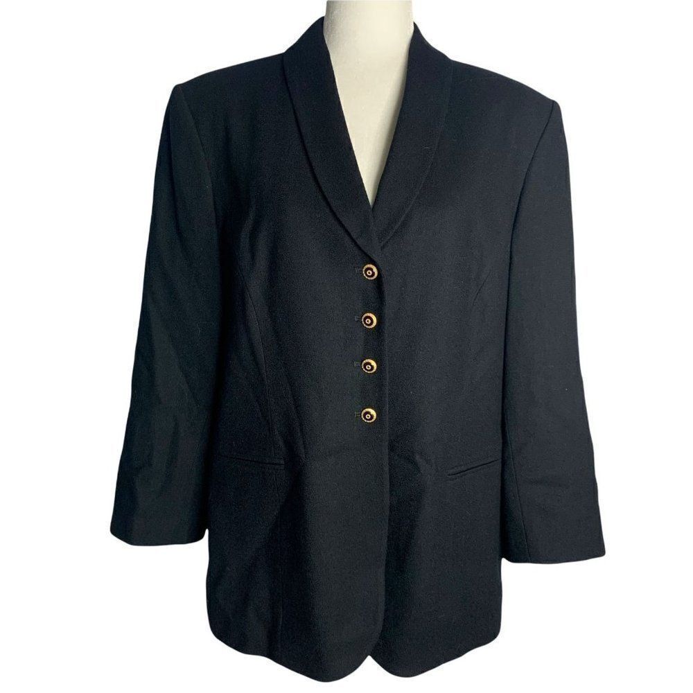 Vintage Kasper Wool Blazer Jacket 16 Black Lined Shawl Collar Buttons Pockets